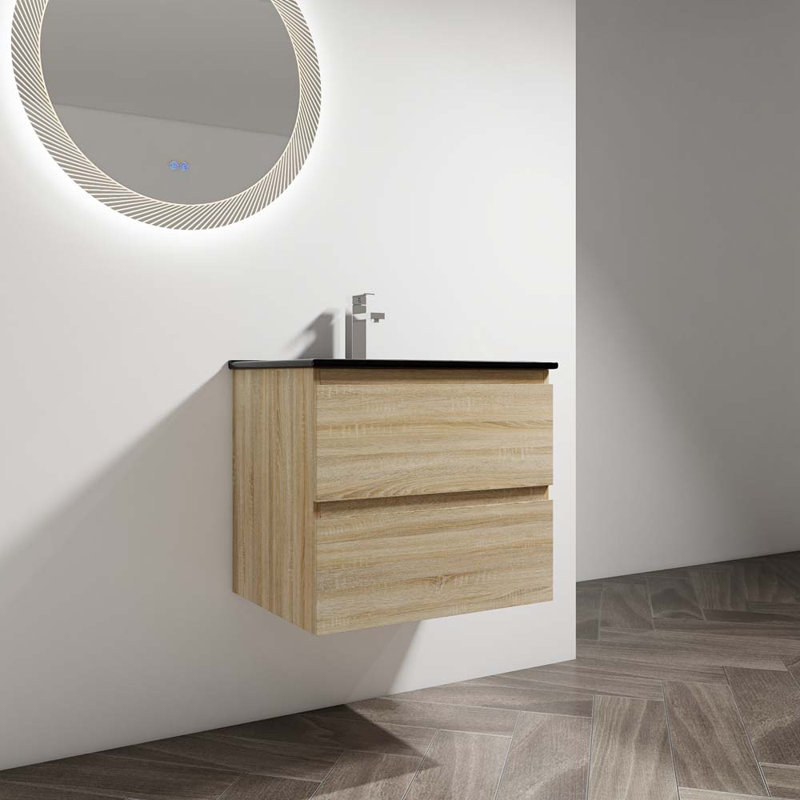 Meuble-lavabo simple 24 po avec plateau Daine, Noir, Chêne clair