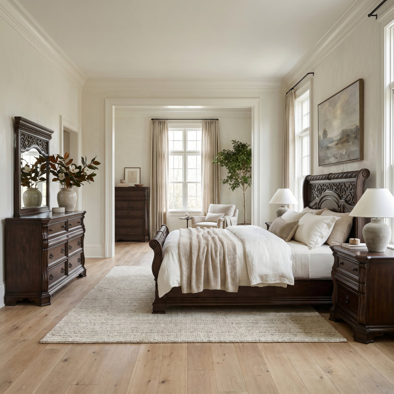  Ensemble de chambre à coucher avec lit-bateau, commode et miroir Ashyla, Très grand lit