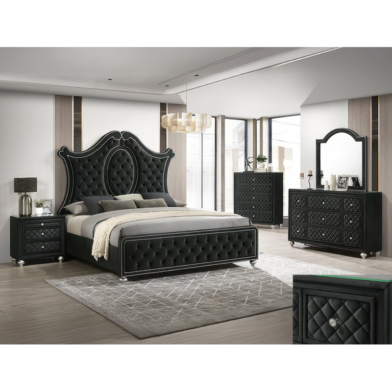 Grand lit 5 pièces Cary, Commode basse; commode; miroir de commode; lit; mi