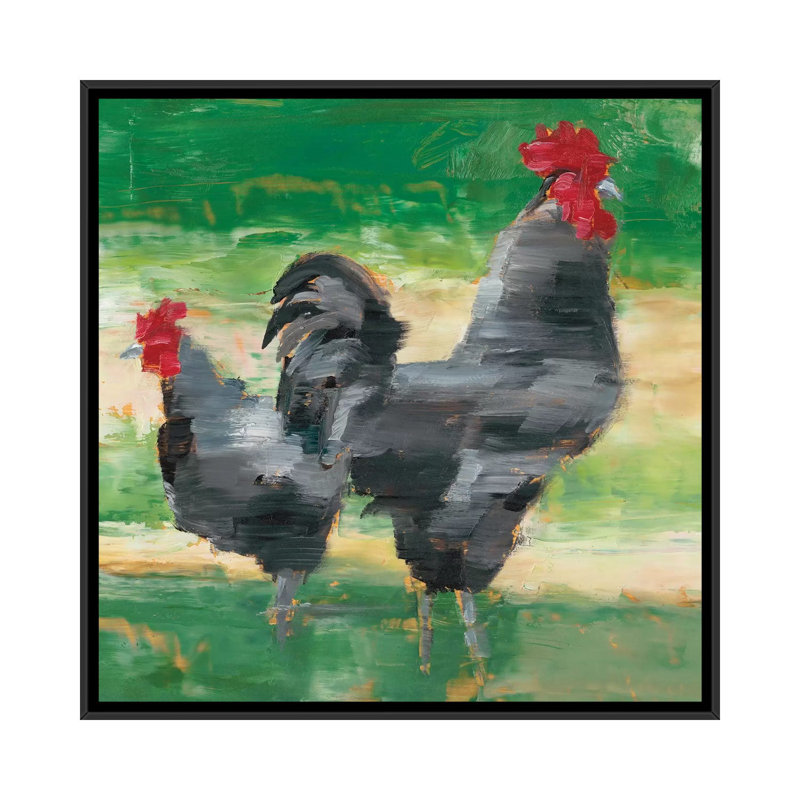 «Black Rooster & Hen I» par Ethan Harper - reproduction d'art, H 37 po x l 37 po x P 1,5 po, Toile avec cadre noir
