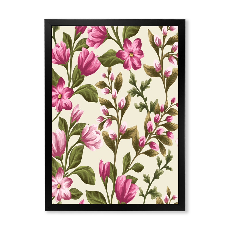Fleurs roses rétro - peinture sur toile, H 40 po x l 30 po x 1,5 po, Cadre photo noir