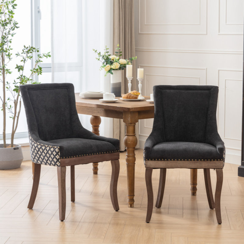 A&a furniture ultra side dining chairs | set of 2 | thickened fabric, solid wood legs | bronze nailhead, Brown