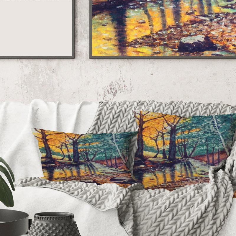 Carré, paysage avec rivière en automne forêt coucher de soleil - coussin décoratif traditionnel, 18" x 18"