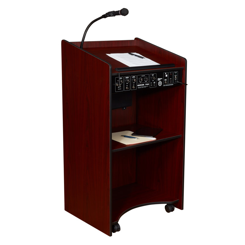 Mahogany Mobile Lectern with Wireless Microphone and Storage