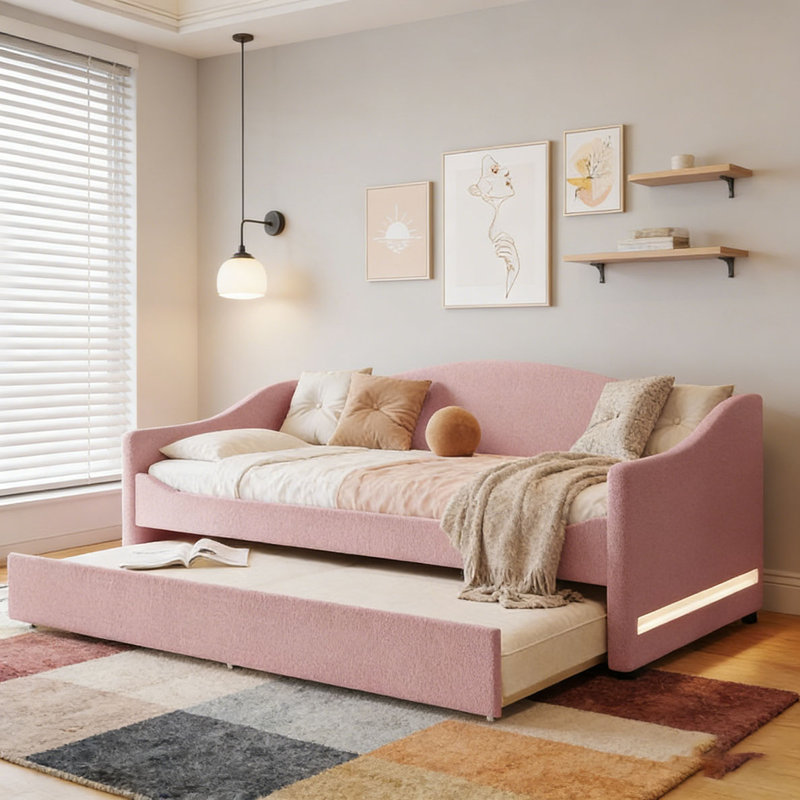 Lit de jour rembourré en molleton avec lumière et couchette Teddy, Lit simple, Gris