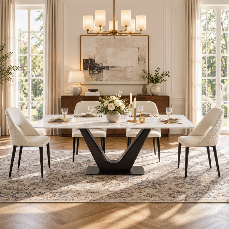 Ensemble de table et chaises de salle à manger rectangulaires modernes de 180 cm (71 po), table en pierre frittée blanche brillante avec 6 chaises de salle à manger en similicuir beige
