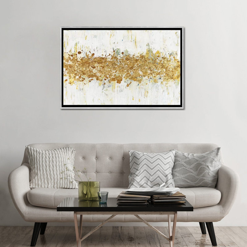 Impression d’art graphique, "Speckles of Gold" par Nikki Chauhan, H 32 po x l 48 po x 1,5 po, Toile avec cadre argenté