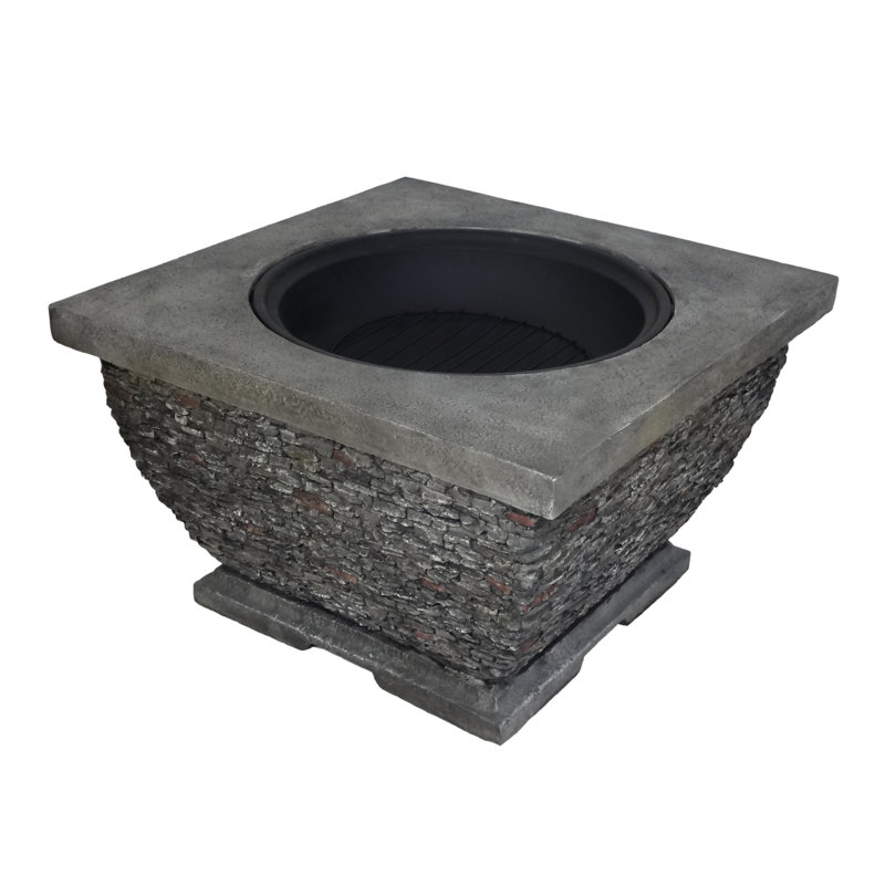 Grey 32" Concrete Fire Pit - Add Warmth To Outdoor Life Wood Burning Patio Heat Focus Point