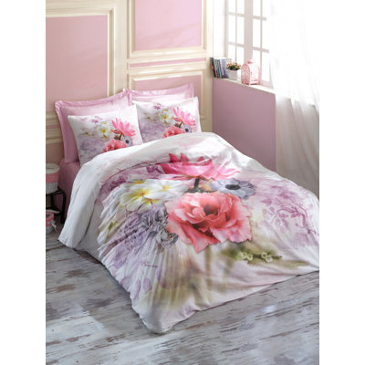 Ensemble de housse de couette 100% coton rose / vert / blanc Hockman