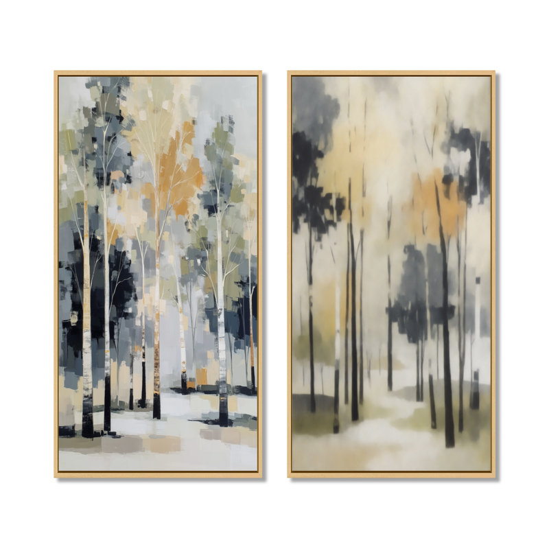 «White and Black Birch Trees Forest Panorama - White Nature», art mural sur toile, H 32 po x l 32 po, Cadre naturel flottant