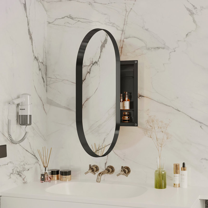 20X34 Inch Oval Recessed Medicine Cabinet, Metal Framed Bathroom Wall Cabinet With Mirror And Adjustable Shelves, Wall Mirror With Storage For Bathroom