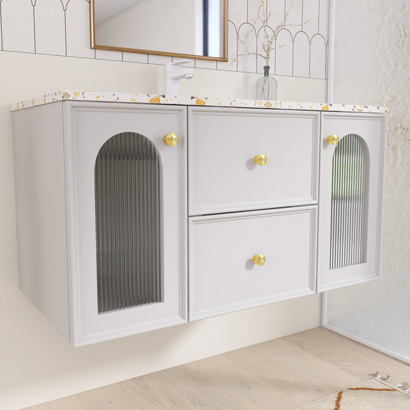 35,98 po X P 19,69 po X P 21,34 po Meuble-lavabo mural simple H gris avec plateau en terrazzo blanc