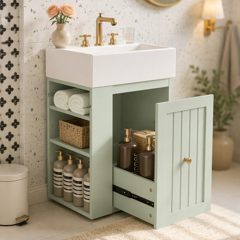 Meuble-lavabo de 20 pouces avec lavabo en céramique, armoire de rangement en panneau de fibres à densité moyenne avec tiroir, tablette latérale et poignée dorée - meuble-lavabo moderne pour les petites salles de bain