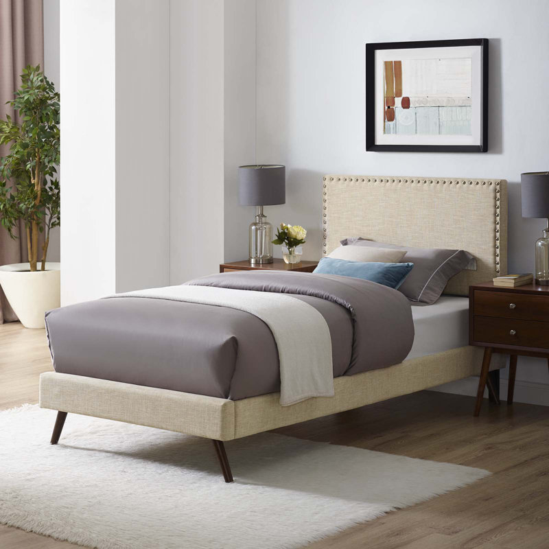 Macie Platform Bed with Round Splayed Legs, Beige, Twin