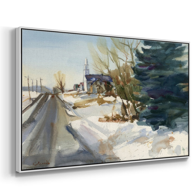 Église paroissiale en hiver, H 17 po x l 25 po x P 1,5 po, Cadre flottant blanc