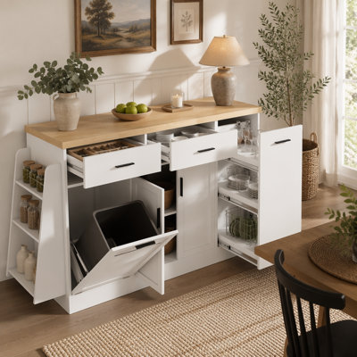 Multi-Functional Storage Sideboard, Trash Can Storage, Sliding Door Cabinet & 3-Tier Spice Rack,Kitchen Island Table for Kitchen, Dining Room