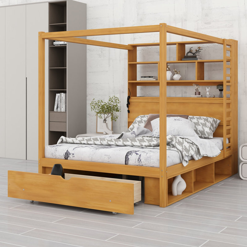 Canopy bed frame with bookcase headboard, usb outlets and led lights, storage cubbies, footboard drawer and reversible rack