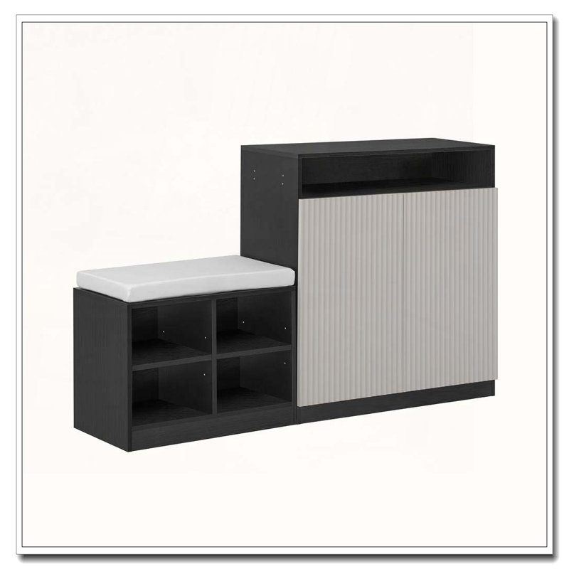 Shoe Cabinets Bench, 2 Doors and 3-Tier Adjustable Shelves, Beige/Black