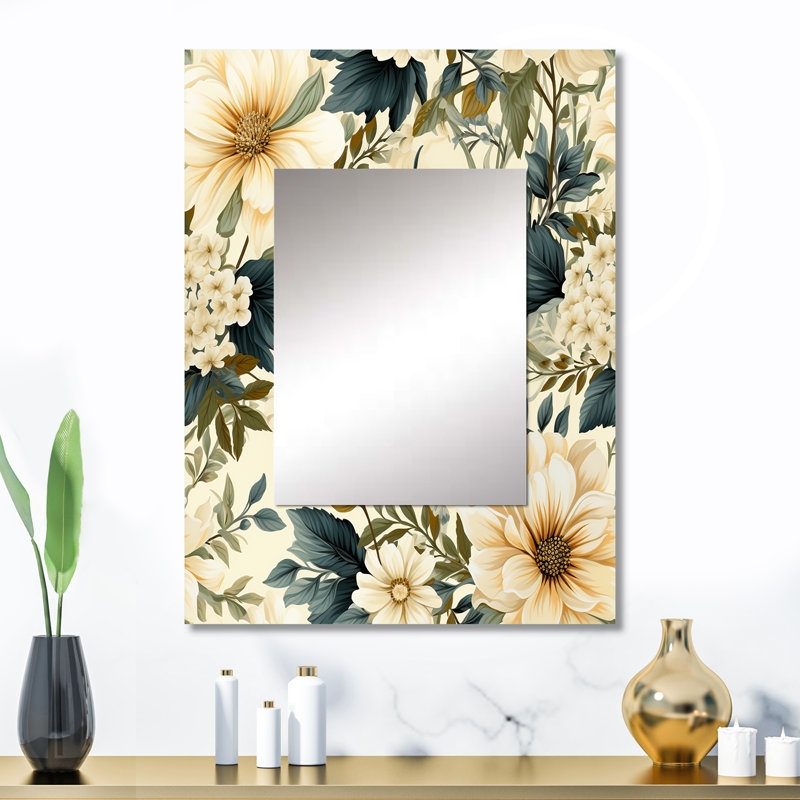 Antique Beige And Blue Peonies Flowers - Floral Decorative Mirror, Cottage Large Wall Mirror, Printed Metal Art, 32" x 24"