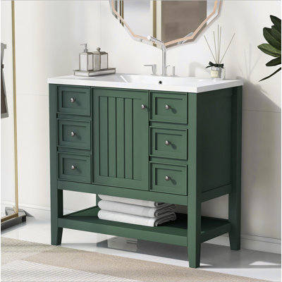 Meuble-lavabo 36 po avec lavabo, une armoire et trois tiroirs, panneau de bois massif et panneau de fibres à densité moyenne
