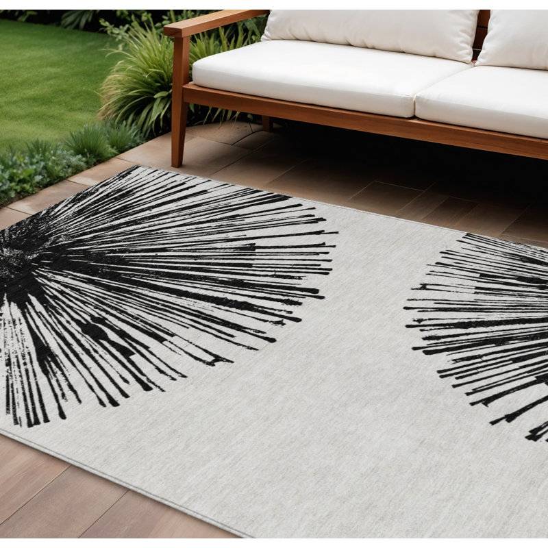 Tapis extérieur lavable abstrait noir et ivoire 8 pi x 10 pi