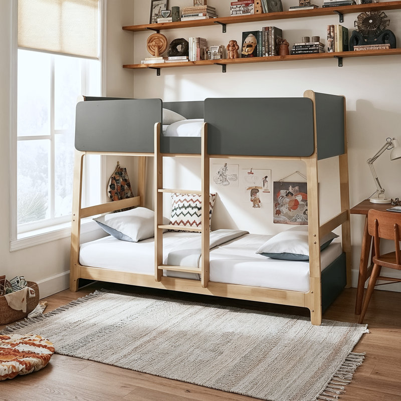 Bustillo Scandinavian Solid Wood Twin Over Twin Bunk Bed With Ladder, Milk Oak/Graphite Up