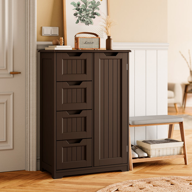 Commode à 4 tiroirs de 23,6 po avec porte de grange coulissante, armoire de rangement, Marron foncé