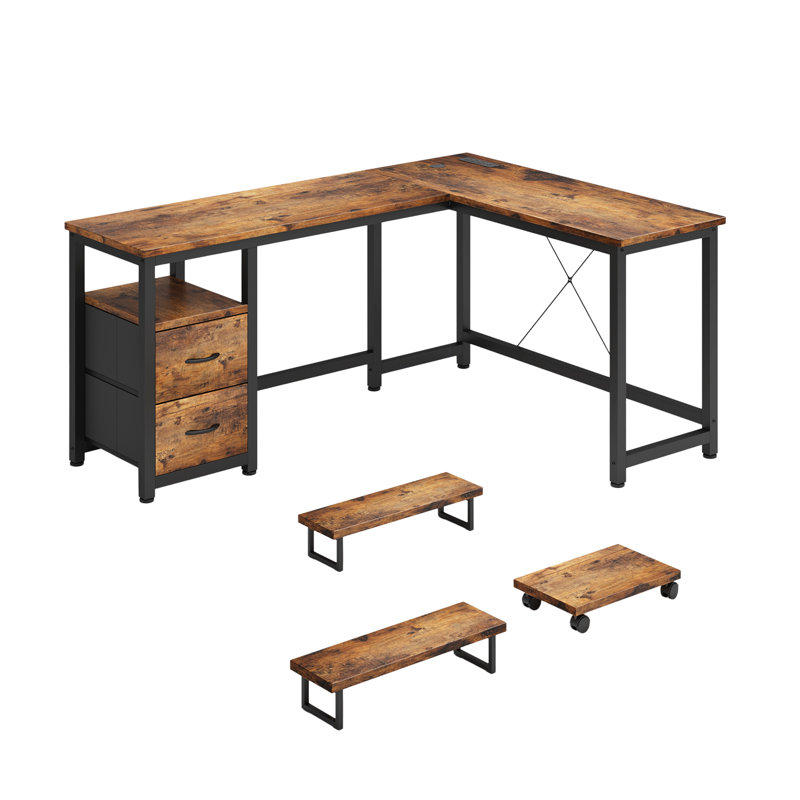 Bureau de jeu industriel en forme de L avec lumières DEL et prise de courant, bureau d'angle moderne avec support pour écran double, 2 tiroirs et support pour PC roulant, bois rustique et métal