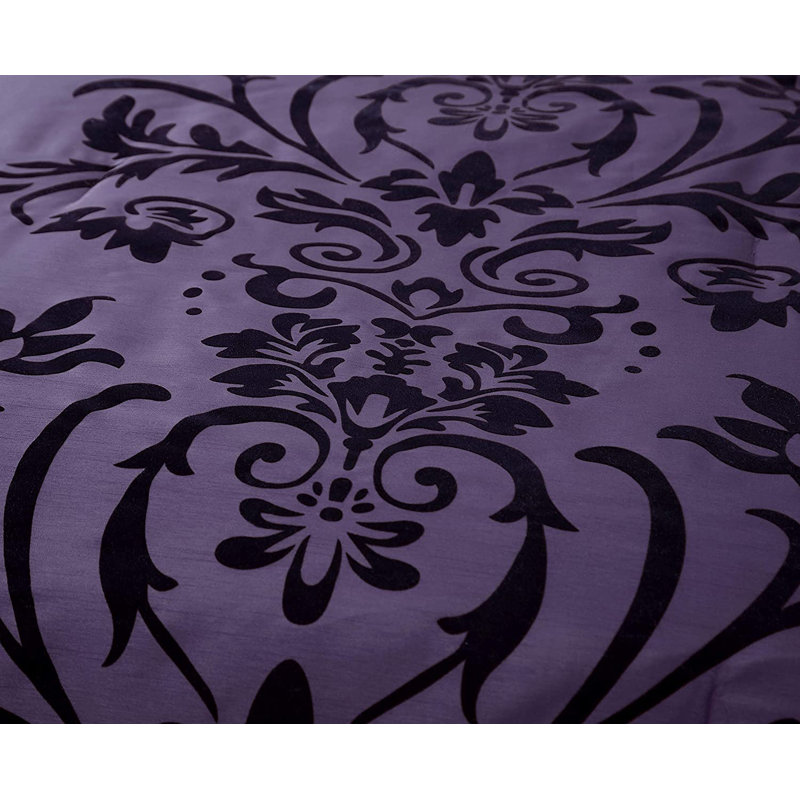 7-Piece Faux Silk Flocked Comforter Set, King Comforter + 2 King Shams, Violet/Black