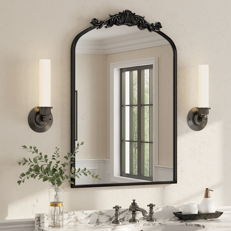 Amara Vintage Baroque Style Tempered Glass French Cleat Mounted Wall Mirror, Antique Black, 32" x 20"