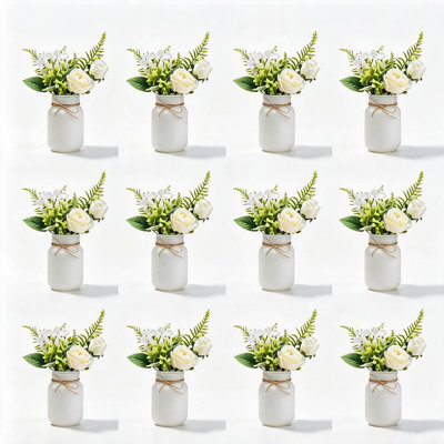 Ensemble de 12 vases Mason blancs avec fleurs artificielles, décoration de table champêtre avec ficelle, bouquets de fleurs artificielles pour mariages, fêtes prénuptiales, décoration intérieure et événements spéciaux
