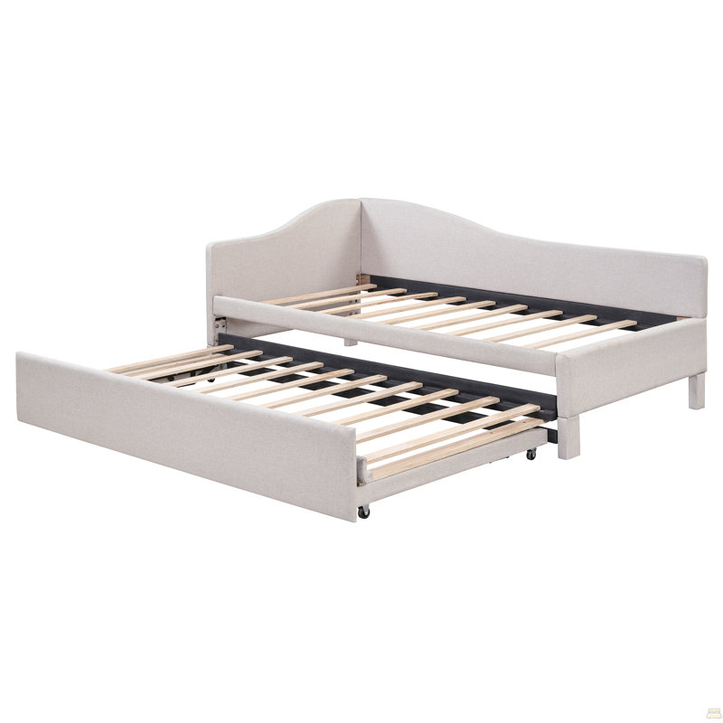 Twin Size Upholstered L-Shaped Upholstered Daybed With Pop Up Trundle, Beige, Beige