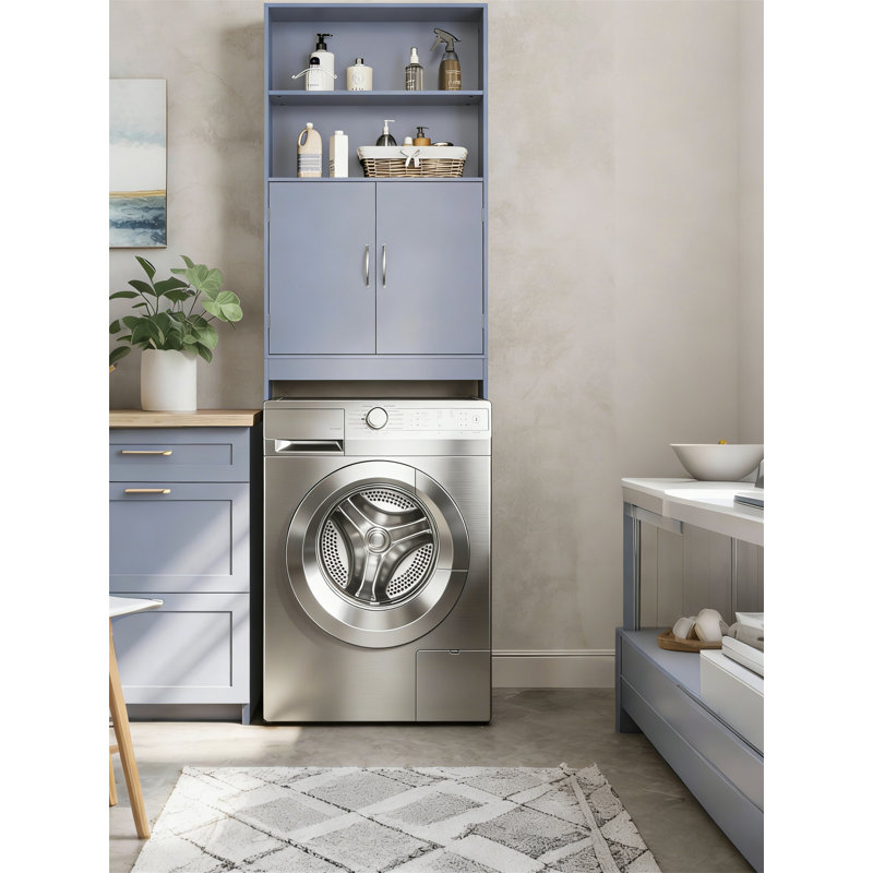 Tall Over The Toilet Storage Cabinet With Adjustable Shelves & Double Doors, 77" H, Grey, Gray