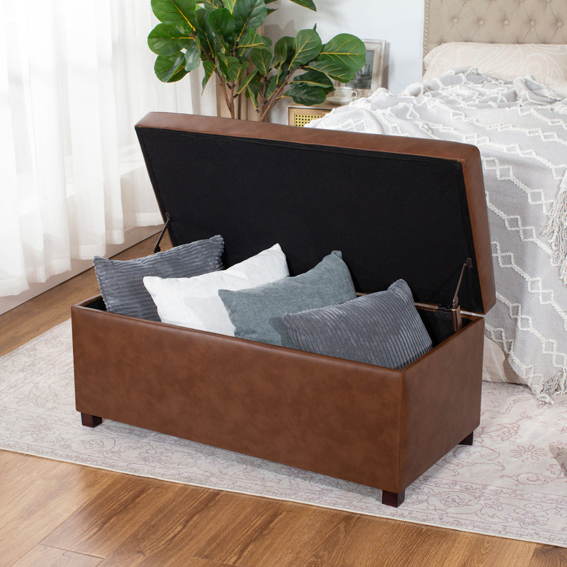 38 Inches Faux Leather Storage Ottoman Bench With Tufted Button, Caramel