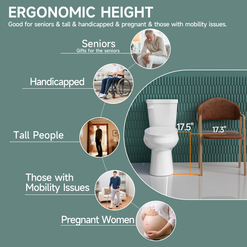 17" ADA Height Elongated Two Piece Tall Toilet for Seniors, 1.28 GPF Tornado Single Flush, MAP 1000g, White, White