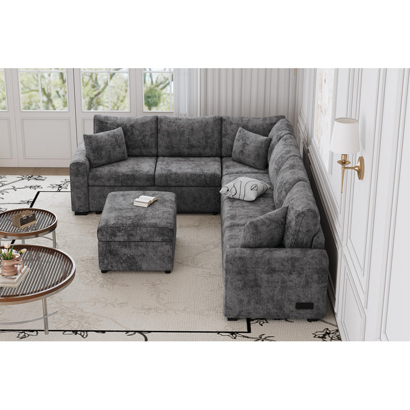 Canapé-lit modulaire en chenille gris avec repose-pieds USB et rangement, Gris chenille