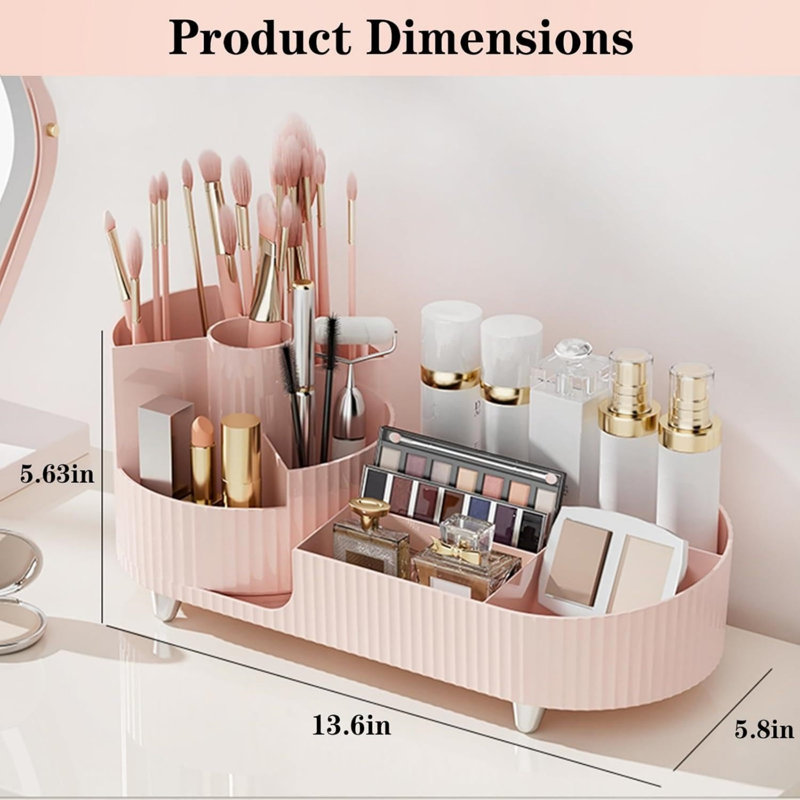 Pink 360° Rotating Makeup Organiser with Brush Holder, Large Capacity Cosmetic Display Storage Case for Vanities, Countertops & Bedrooms