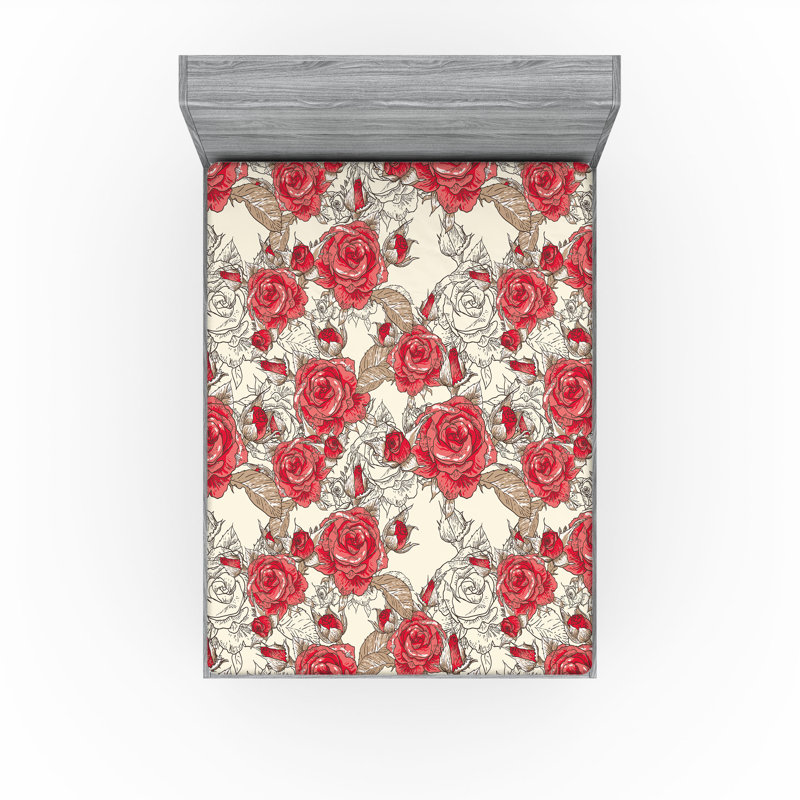 Drap-housse Ambesonne, Corail foncé, crème, cacao / floral, Drap-housse très grand californien