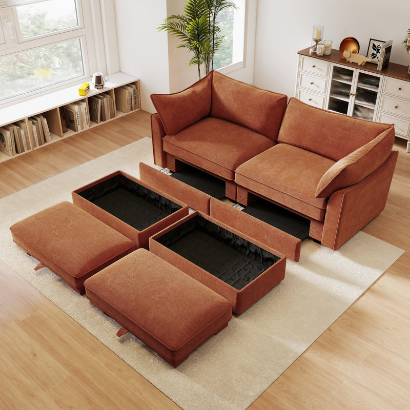 Canapé 2 places avec repose-pieds mobile et rangement escamotable, tissu chenille pour plus de confort et de style, Orange