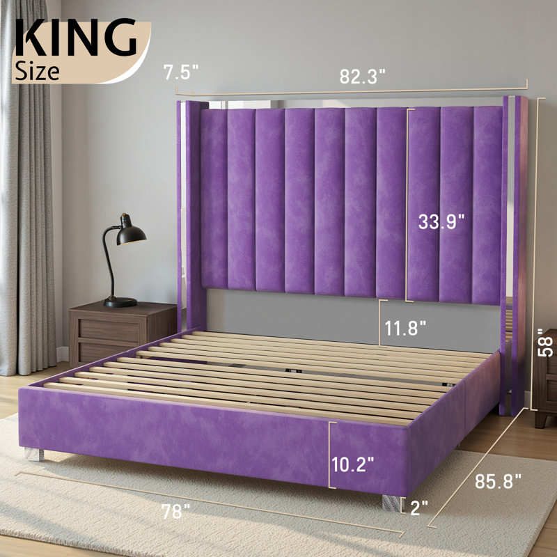 Gerasim King Bed Frame with 57" Tall Headboard, Velvet Upholstered Platform Bed, Purple, King, Purple