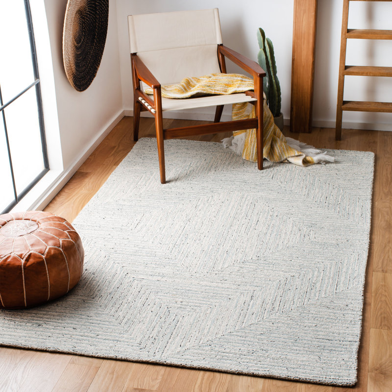 Tapis gris clair / ivoire en laine / coton touffeté à la main, Rectangle 8 pi x 10 pi