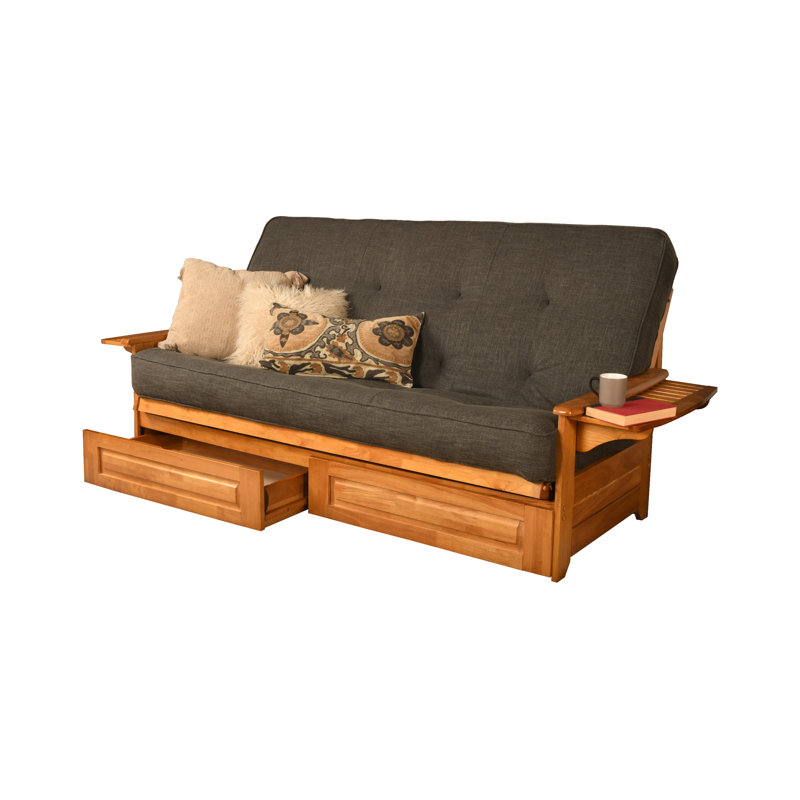 Futon avec rangement Stratford, Lin anthracite, Innerspring, Noyer cendré