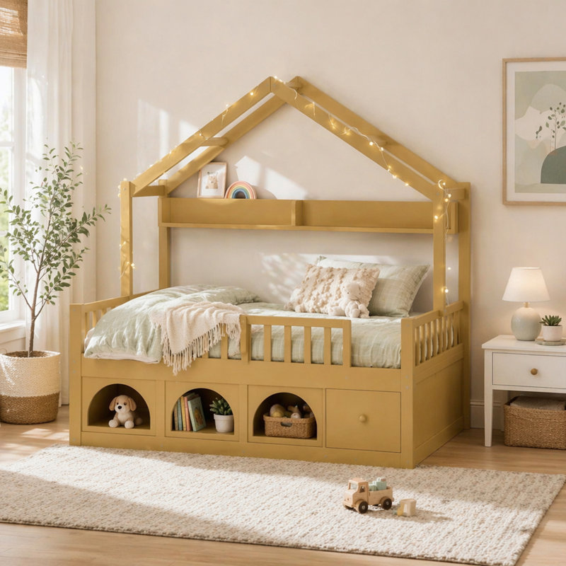 Cadre de lit simple pour enfants, style plancher de lit Montessori avec toit, avec lumière DEL, Lit simple, Naturel