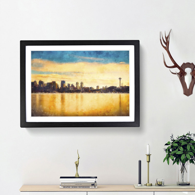 Reflection of the Seattle Skyline - Framed Print, 45cm H x 63cm W x 2cm D, Black Framed
