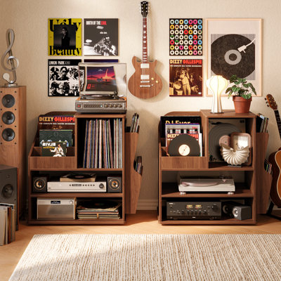 Support pour tourne-disque Mid-Century moderne avec rangement, support pour disque vinyle, noyer