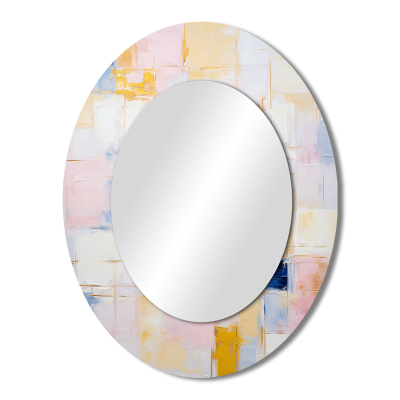Timeless Moments en rose pastel, jaune et bleu - Miroir décoratif ovale abstrait sur métal, 43 po x 33 po