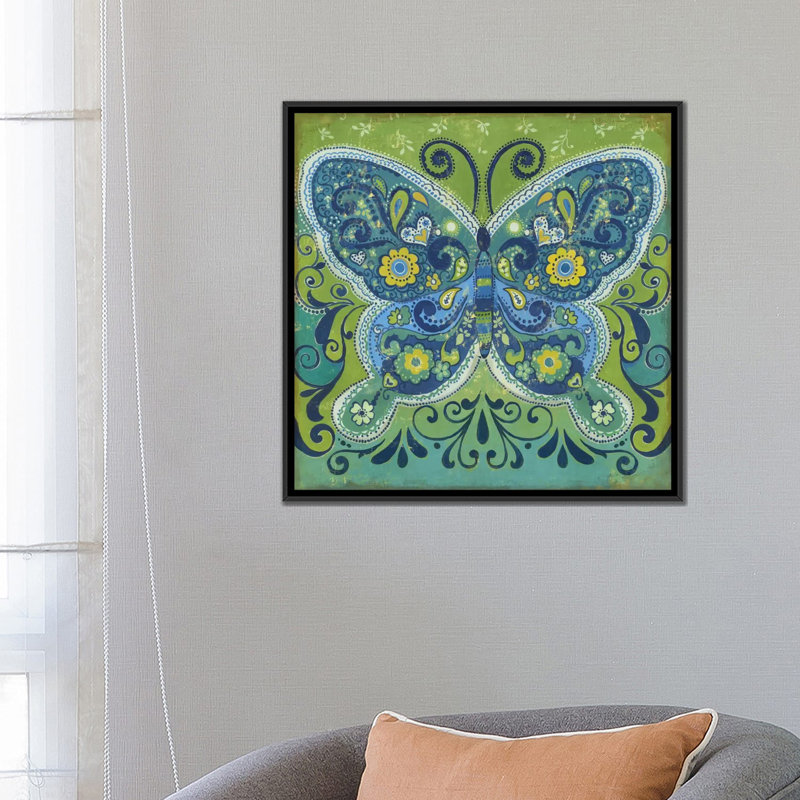 « papillon mosaïque », impression sur toile, H 18 po x l 18 po x P 1,5 po, Toile avec cadre noir, Pas de tapis