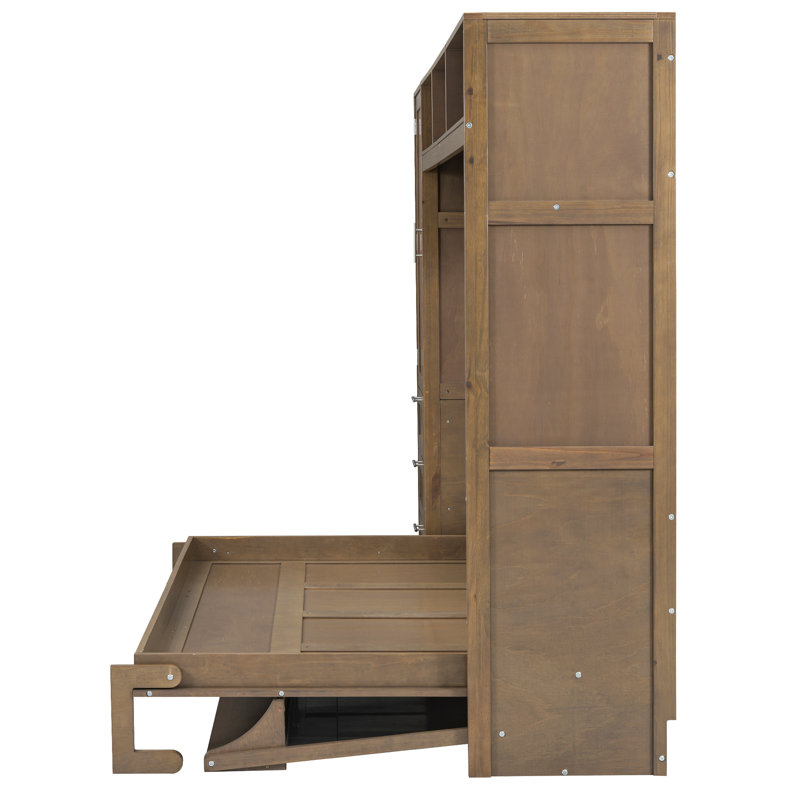 Lit escamotable double avec garde-robe, tiroirs et tablettes ouvertes, bois antique