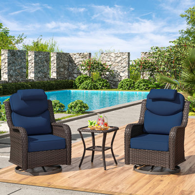 3-Piece Outdoor Patio Conversation Set with Swivel Rocking Chairs & Side Table – Wicker Lounge Furniture