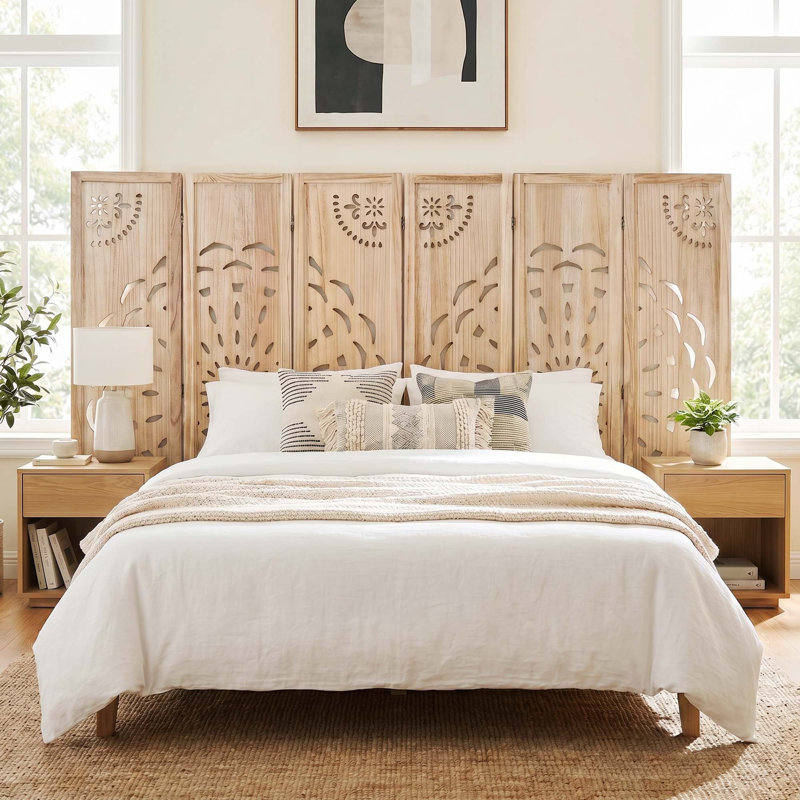 Paravent 6 panneaux pliant avec motif pivoine, finition bois clair, 6, Bois